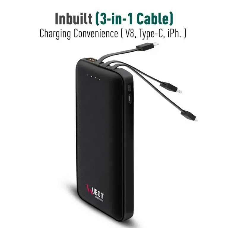 UBON PB-X12 POWER KING UNIVERSAL 10000 MAH POWER BANK WITH 3 IN 1 MICROUSB, TYPE C & LIGHTENING CHARGING CABLES & USB PORT FOR MOBILE PHONES, TABLETS & OTHER DEVICES (2A)